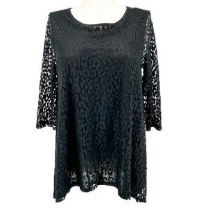 Chicos Burnout Tunic Top Size 2 L 12 Black Lace Sheer 3/4 Sleeves Nylon Poly